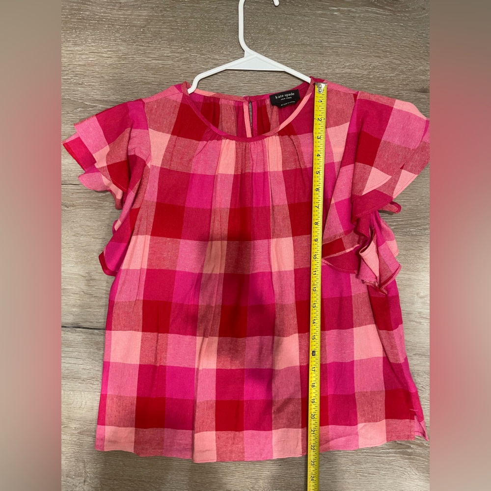 kate spade Pink and Red Plaid Ruffle Sleeve Blouse EUC - Picture 12 of 13
